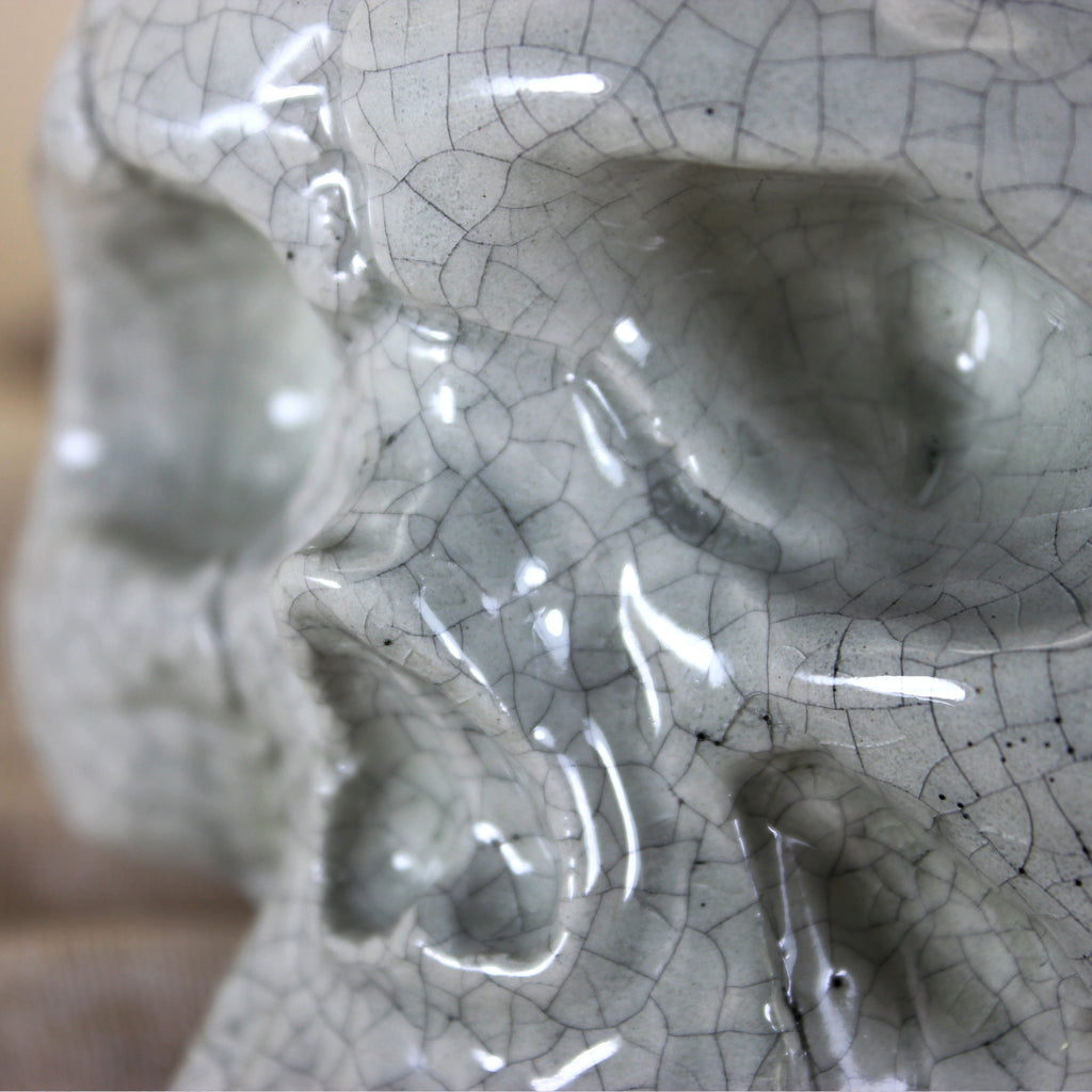Handcrafted Ceramic Skull Planter | White Crackle Glaze Pot