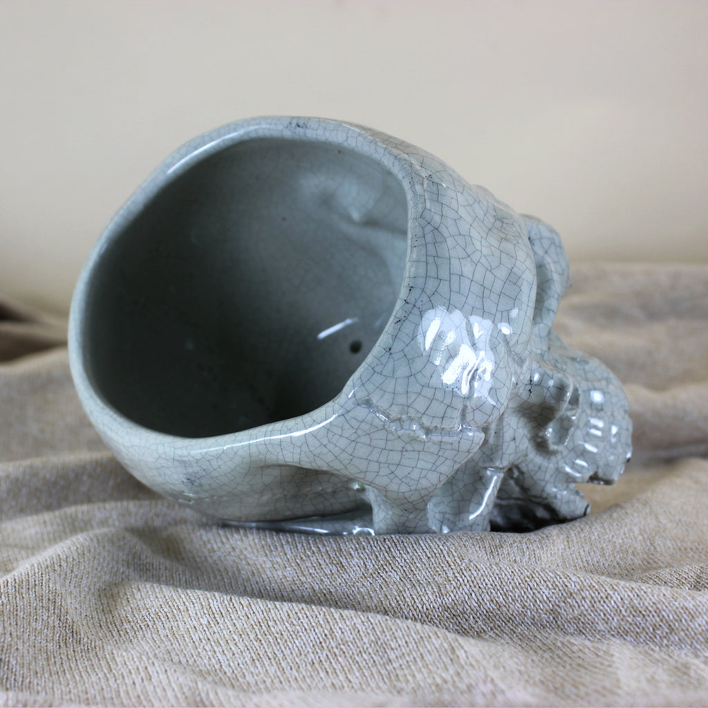 Handcrafted Ceramic Skull Planter | White Crackle Glaze Pot