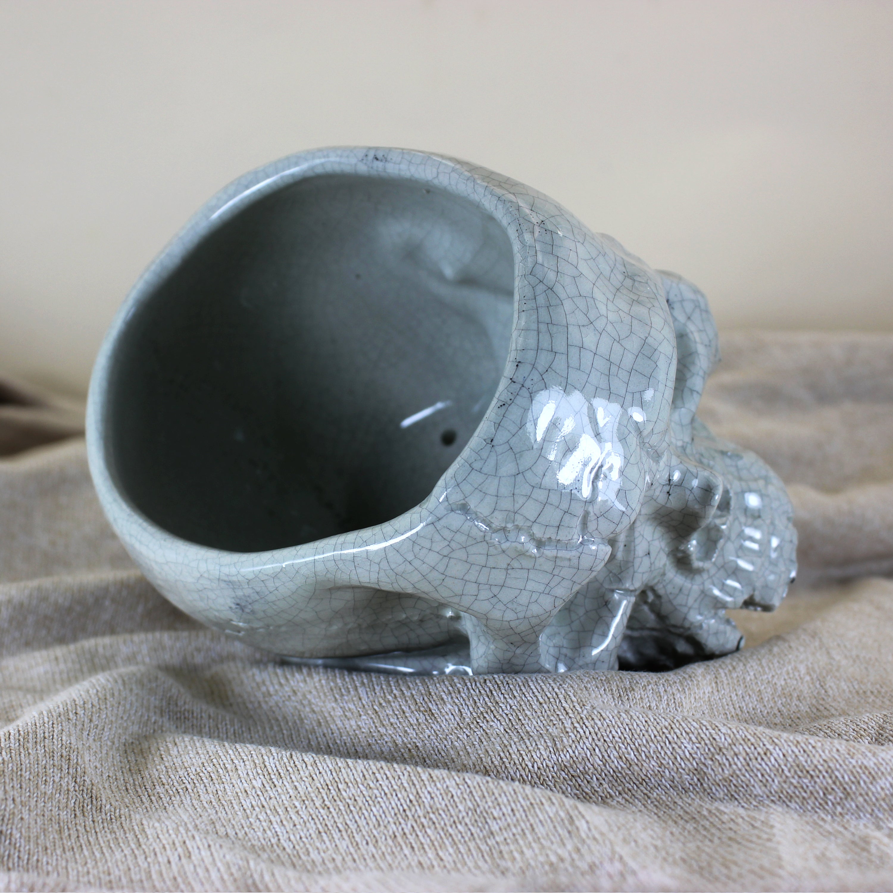 Handcrafted Ceramic Skull Planter | White Crackle Glaze Pot