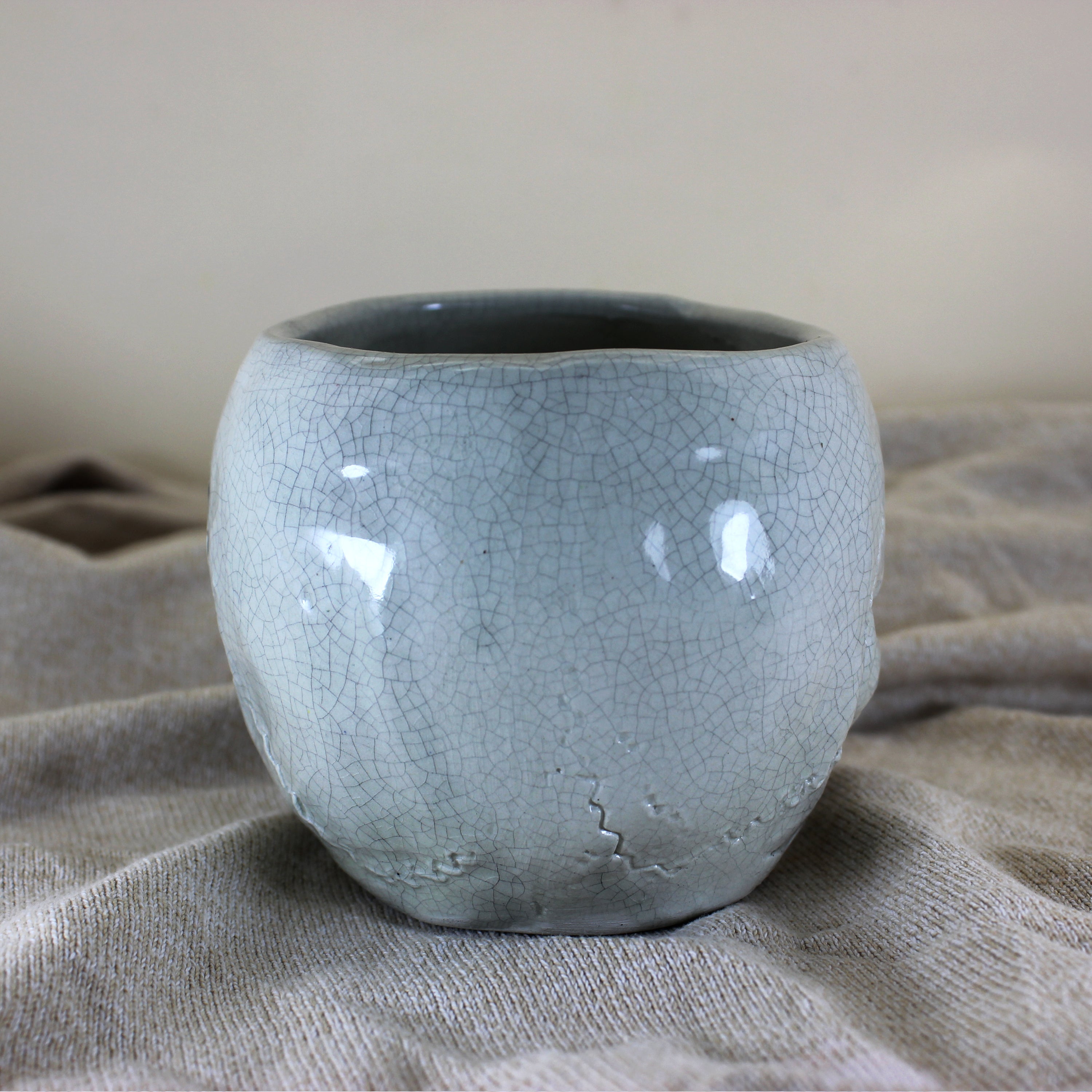 Handcrafted Ceramic Skull Planter | White Crackle Glaze Pot