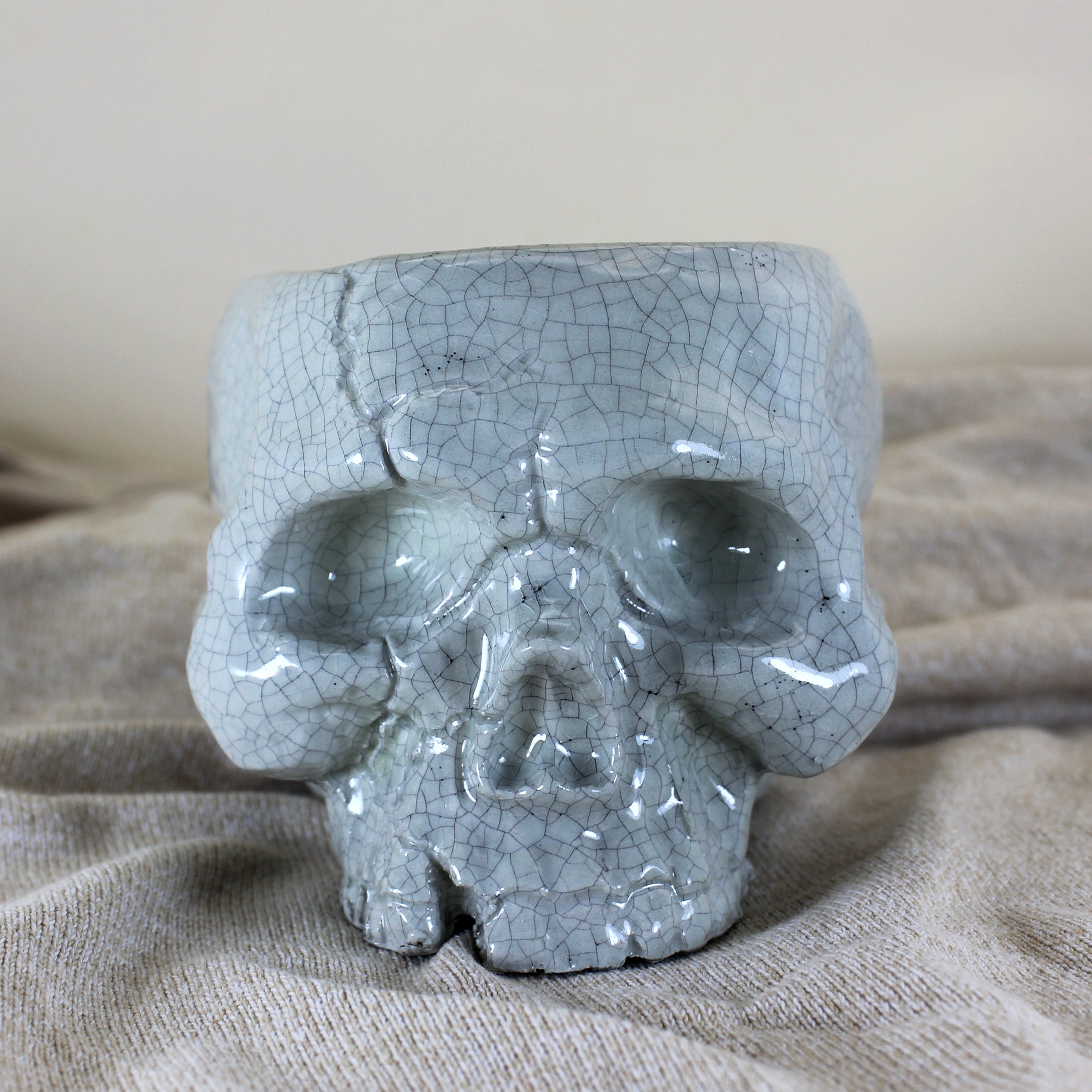 Handcrafted Ceramic Skull Planter | White Crackle Glaze Pot