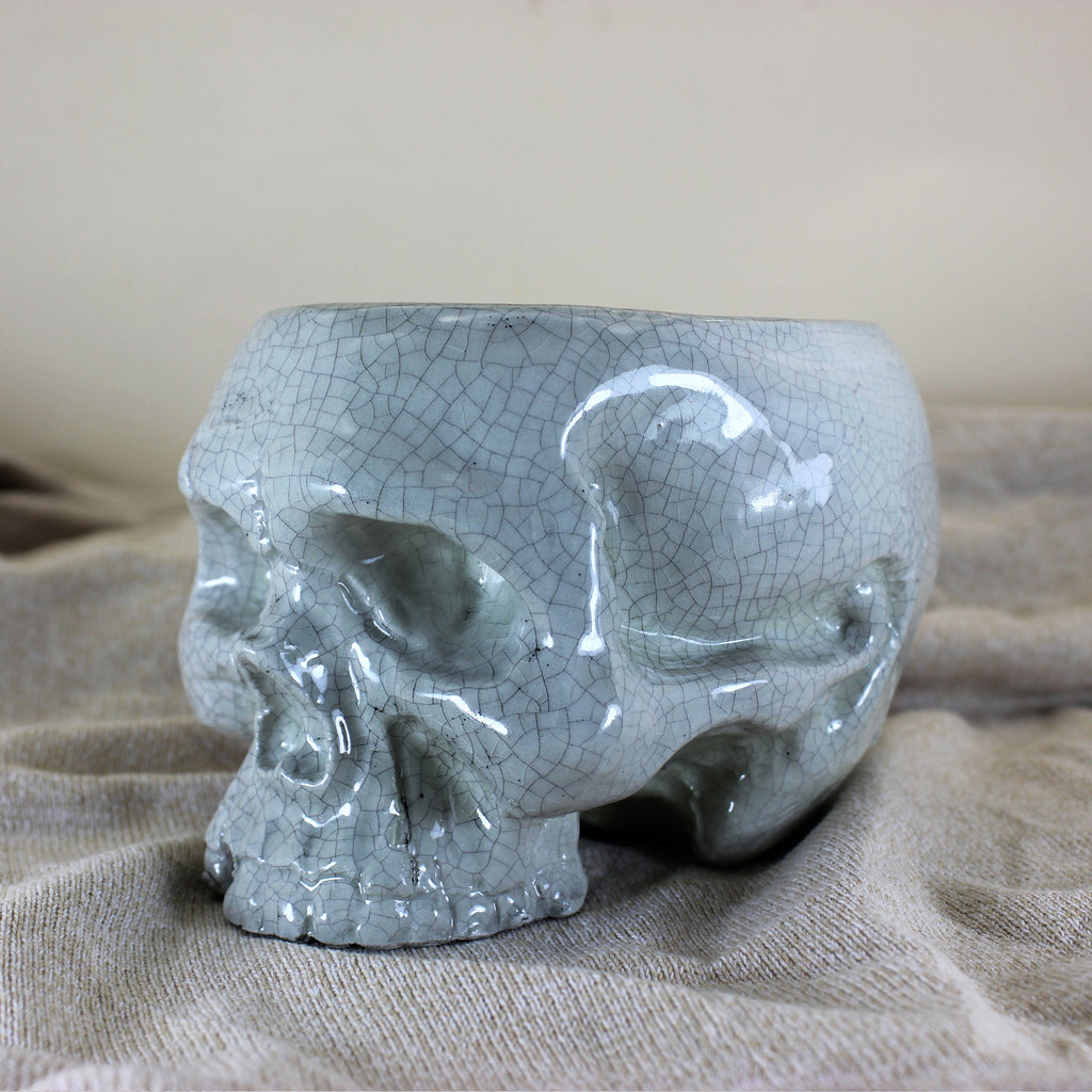 Handcrafted Ceramic Skull Planter | White Crackle Glaze Pot