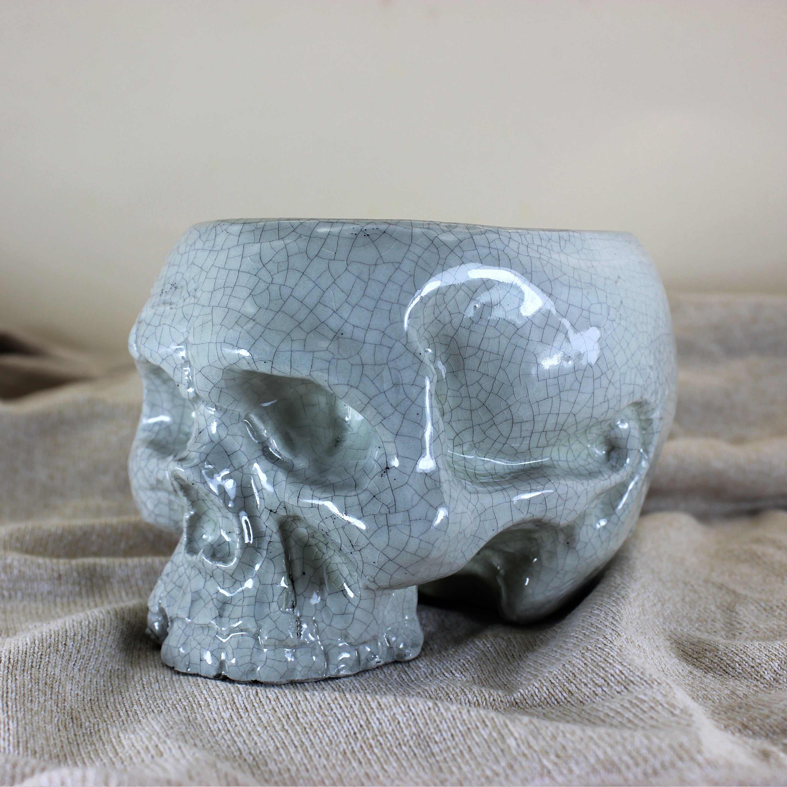Handcrafted Ceramic Skull Planter | White Crackle Glaze Pot