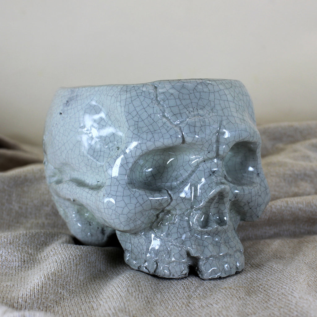 Handcrafted Ceramic Skull Planter | White Crackle Glaze Pot