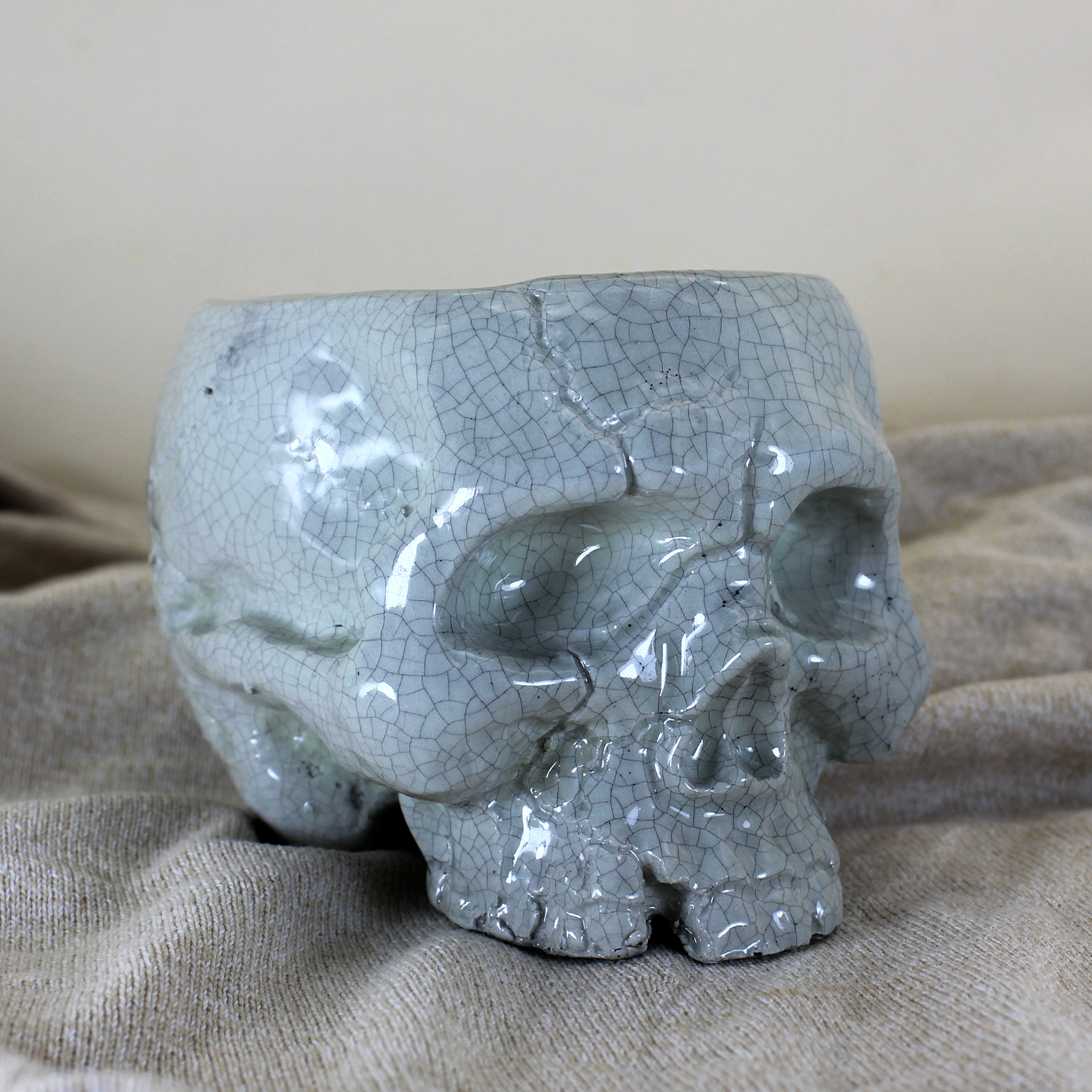 Handcrafted Ceramic Skull Planter | White Crackle Glaze Pot