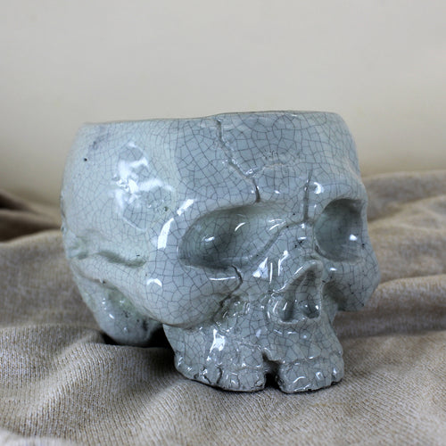 Handcrafted Ceramic Skull Planter | White Crackle Glaze Pot