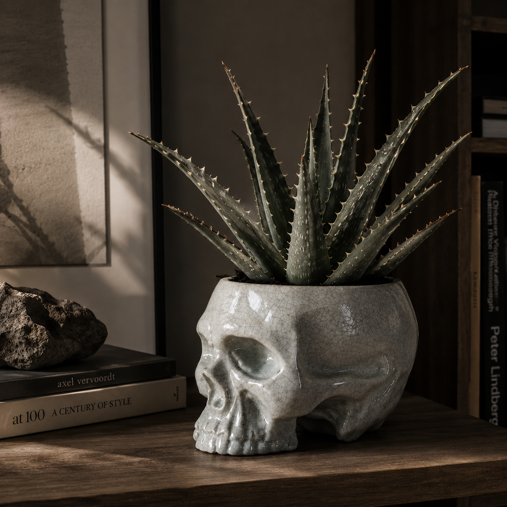 Handcrafted Ceramic Skull Planter | White Crackle Glaze Pot