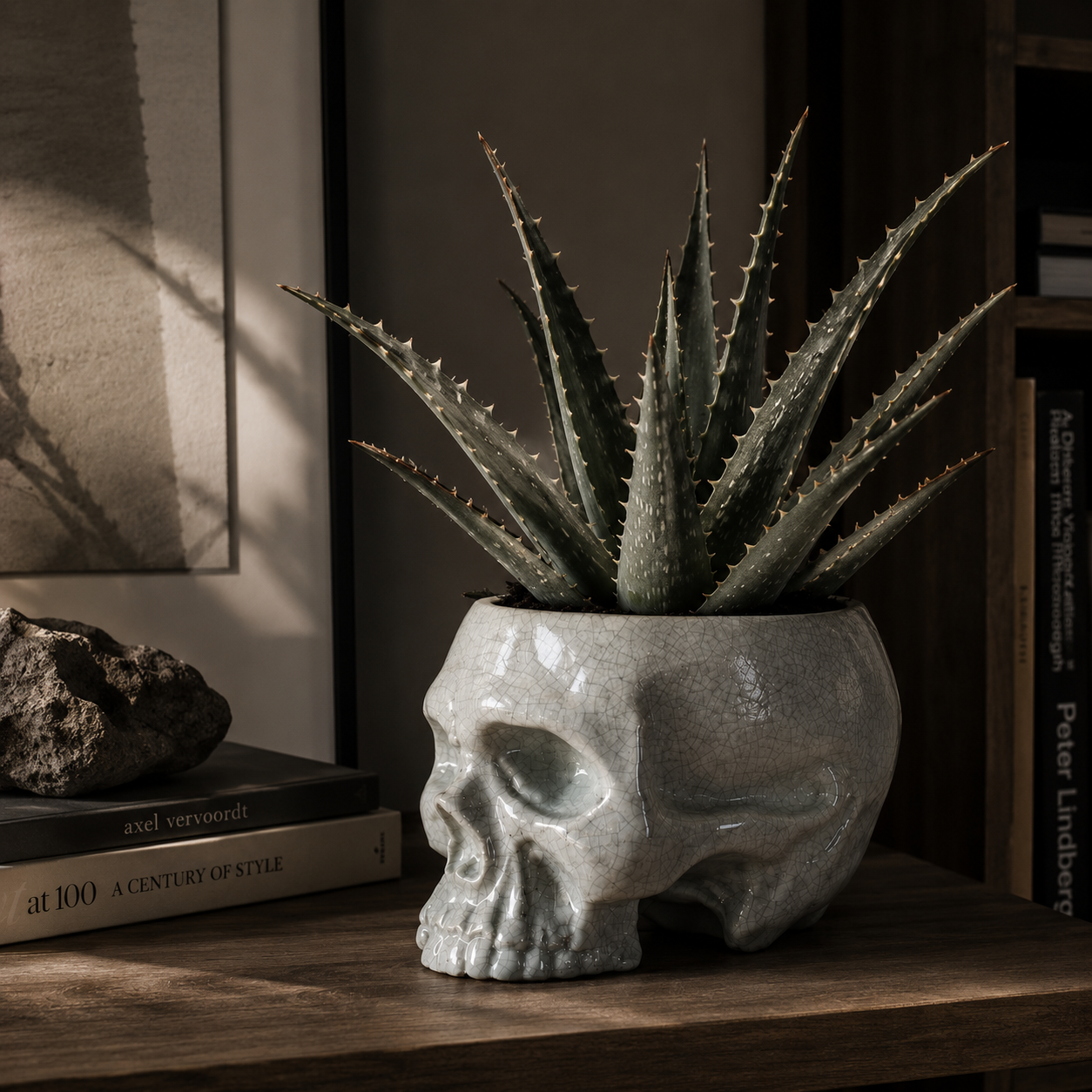 Handcrafted Ceramic Skull Planter | White Crackle Glaze Pot