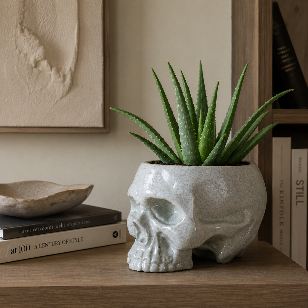 Handcrafted Ceramic Skull Planter | White Crackle Glaze Pot